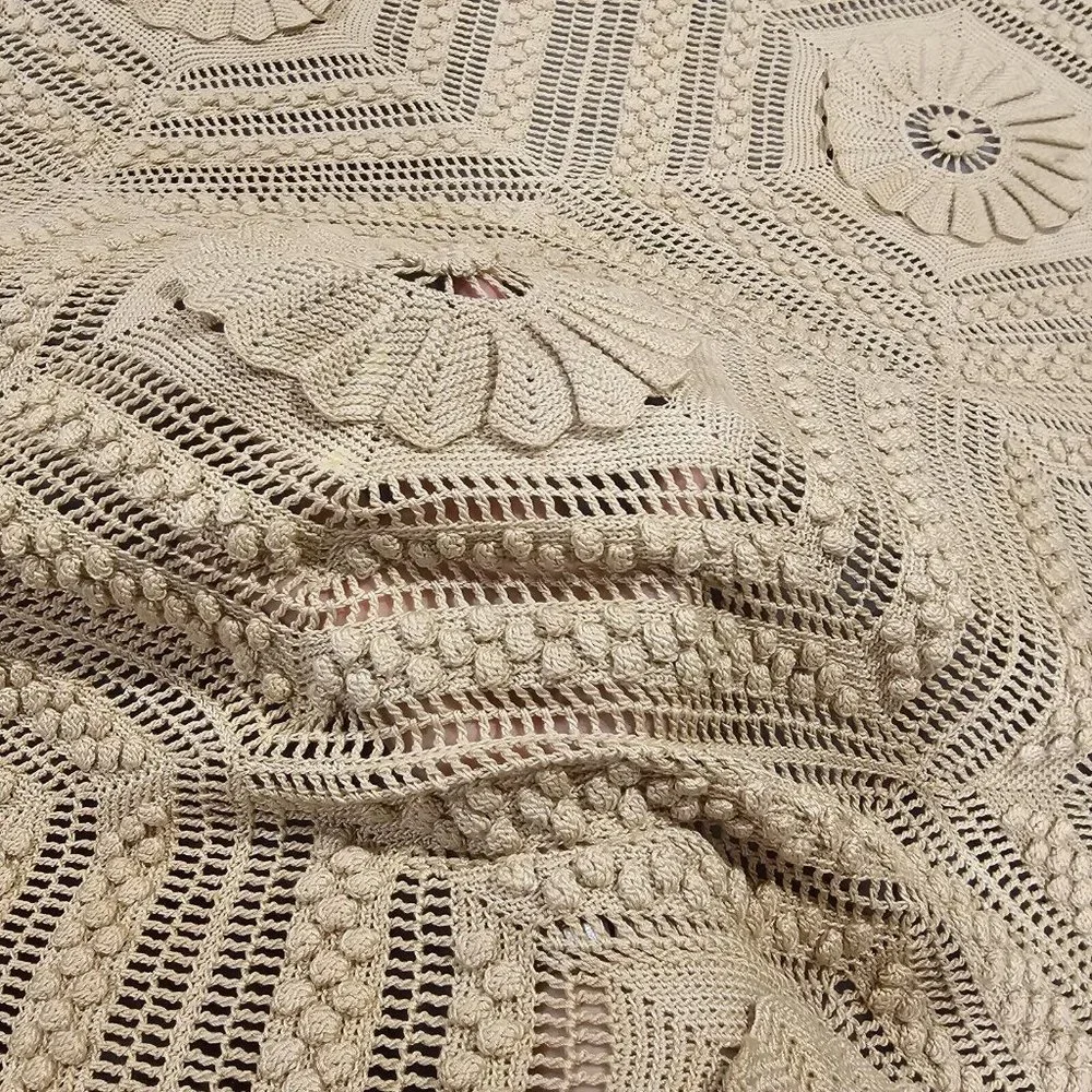 Vintage Cream 3d‎ Popcorn Sunflower Crochet Afghan Blanket King 96x104 He…